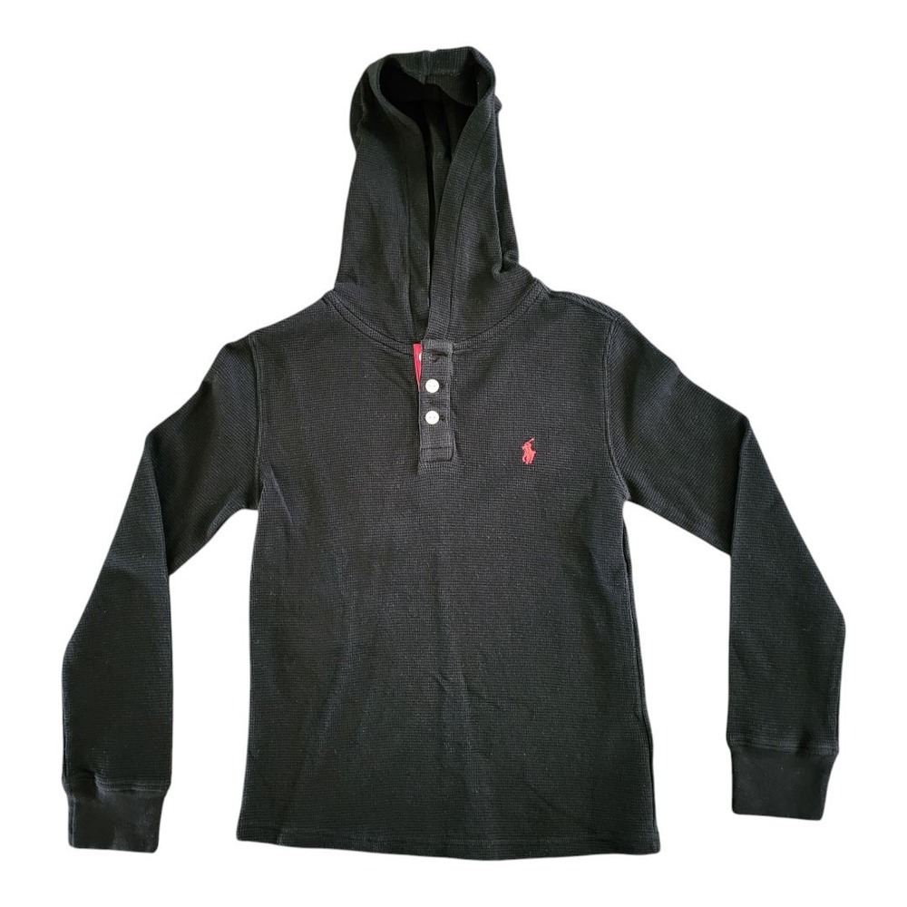 Polo Ralph Lauren Pullover Hoodie Boy Medium 10-12 Henley Black Waffle Knit Pony